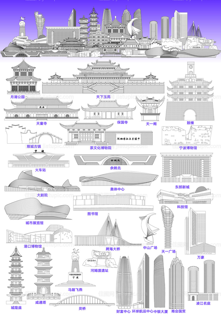 宁波地标性建筑矢量线稿-源文件