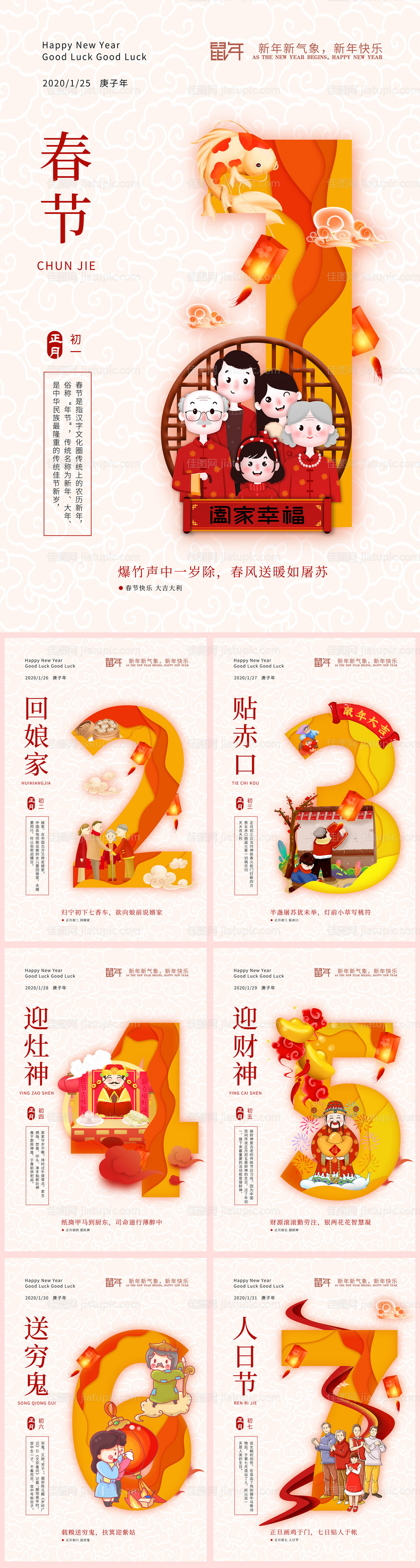 新年春节喜庆初一至初七海报系列-源文件