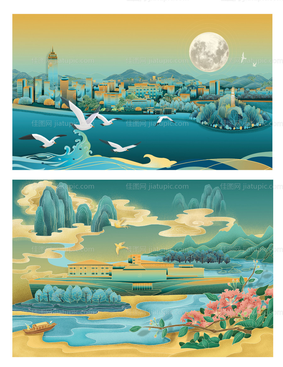 原创插画海滨小镇-源文件