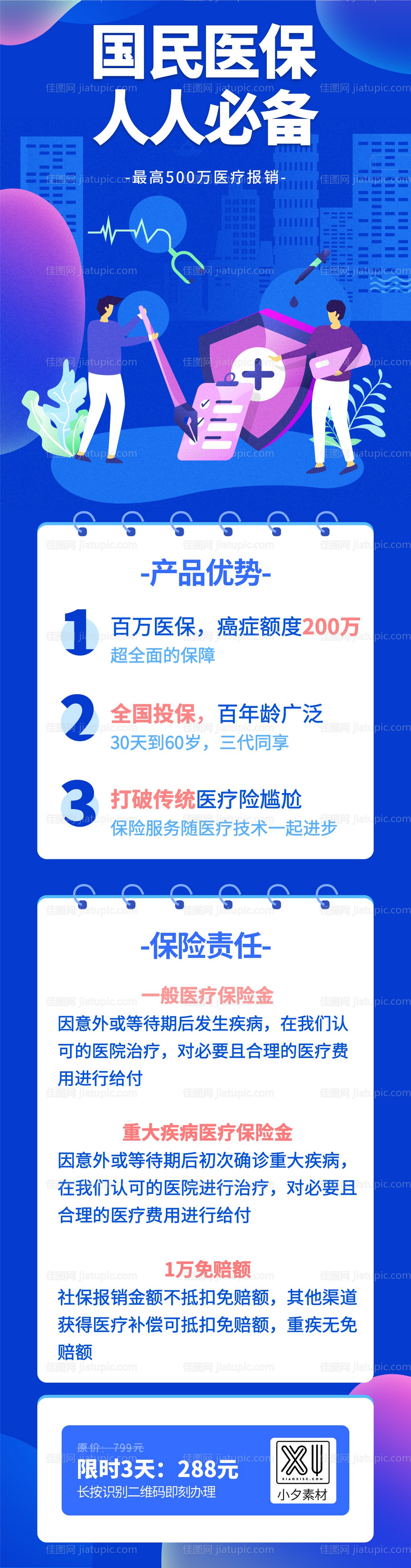 蓝色国民医疗重疾险保金介绍海报长图-源文件