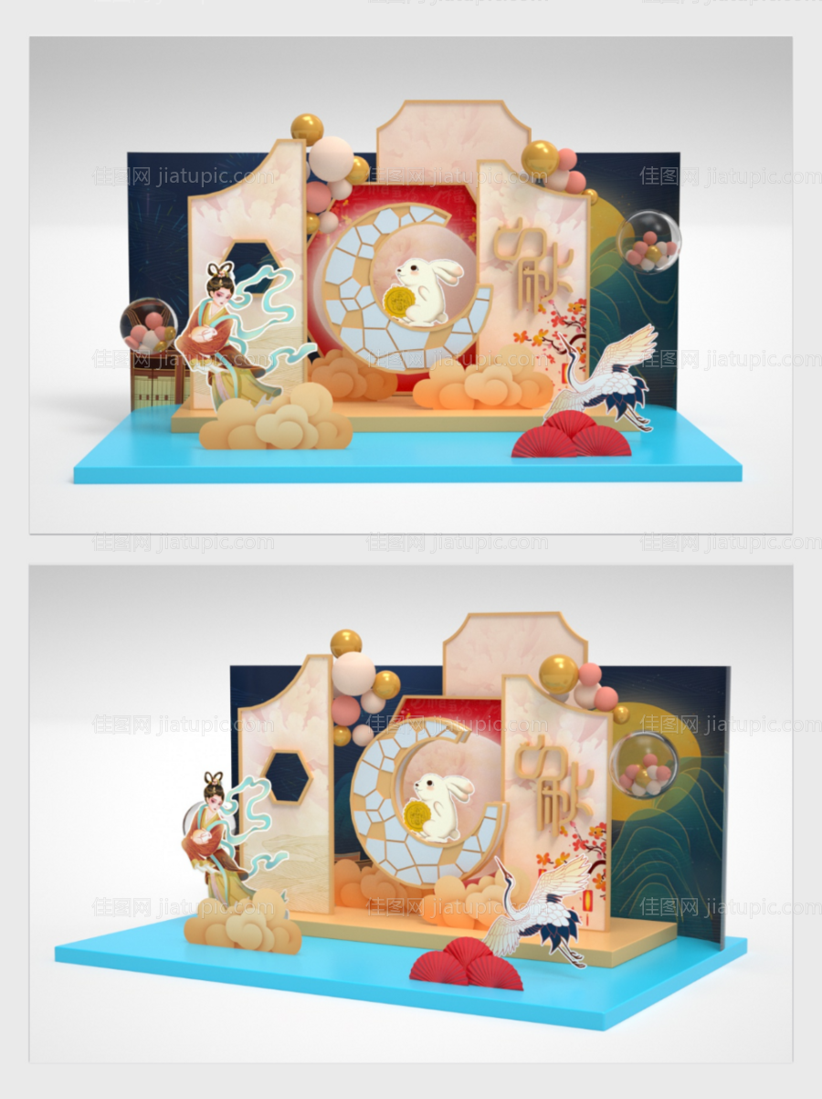 粉色清新温馨中秋节美陈设计-源文件