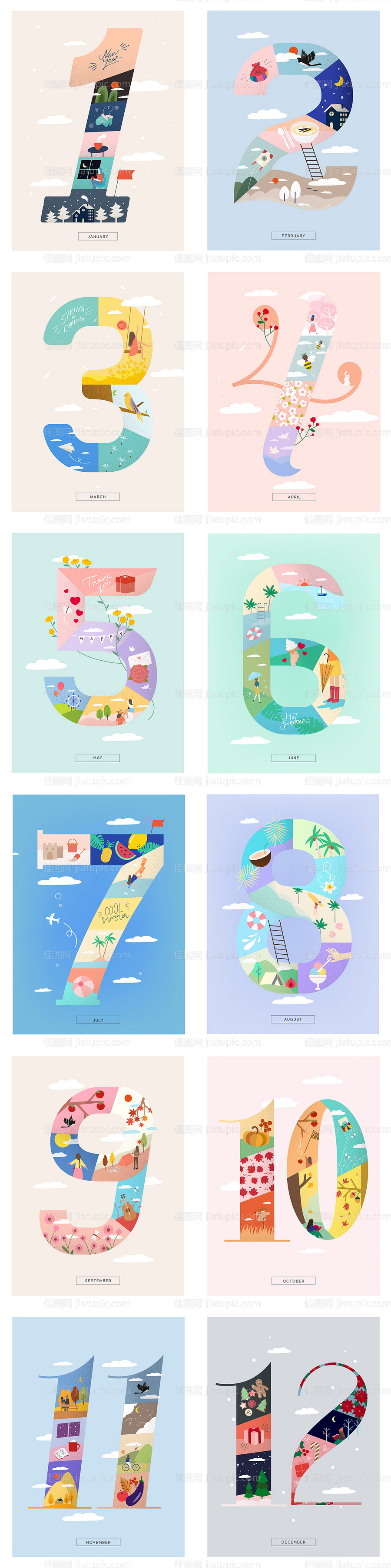 春夏秋冬月份日历年历创意数字插画海报-源文件