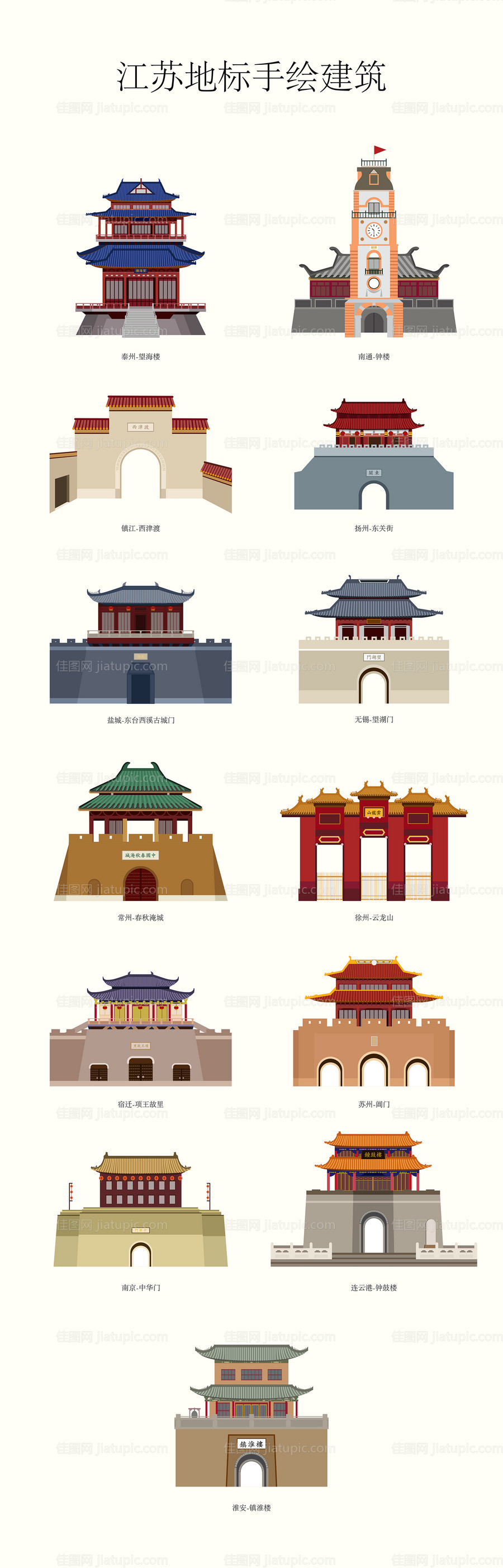 江苏地标建筑手绘-源文件