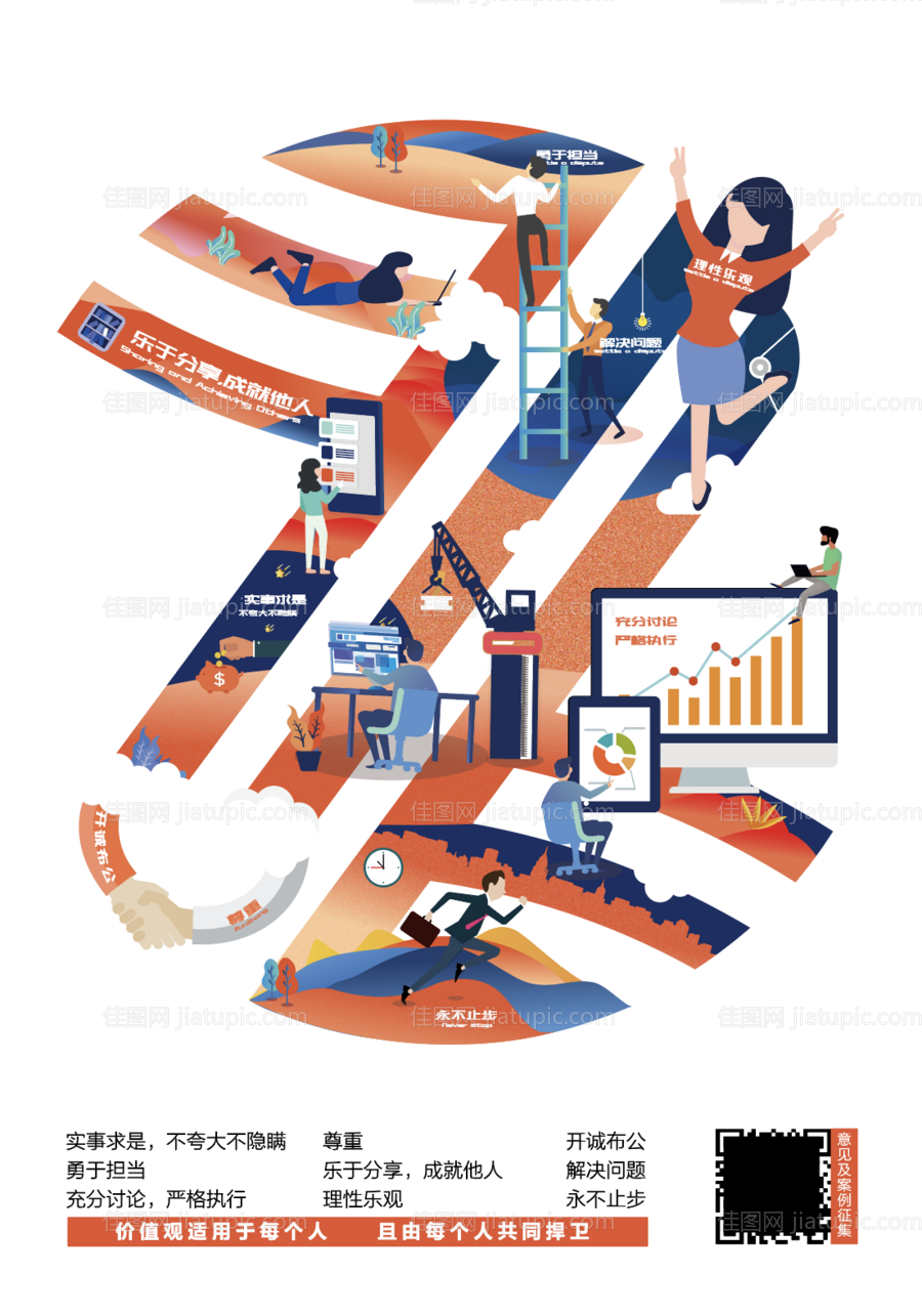 价值观工作生活场景扁平风插画海报-源文件