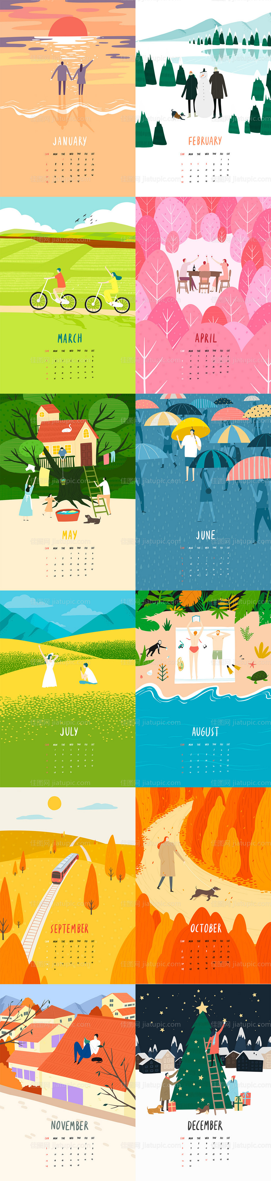 春夏秋冬12个月插画年历台历日历-源文件