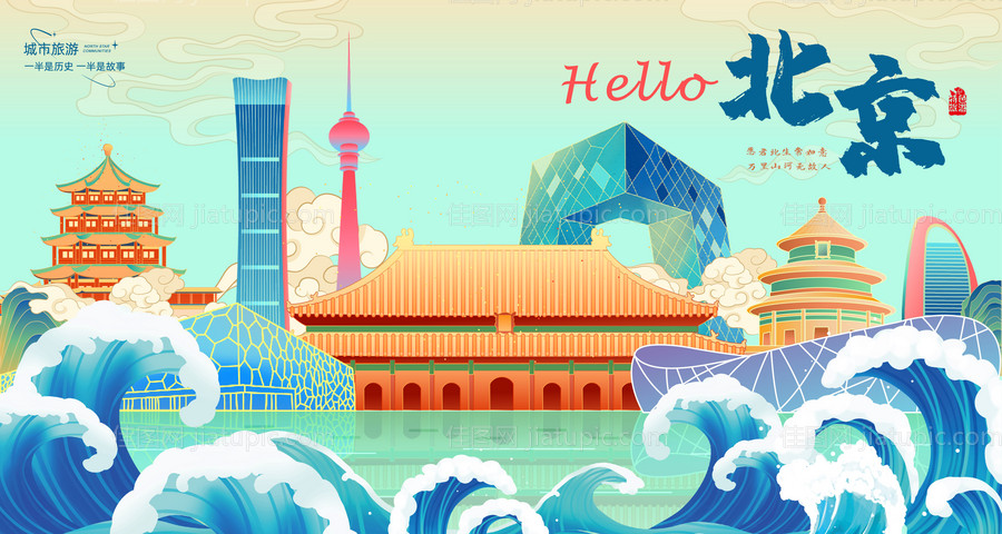 国潮风北京地标建筑群海报展板-源文件